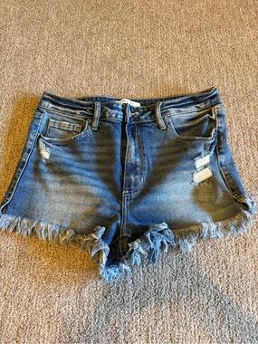 High-Rise Frayed Hem Blue Denim Shorts